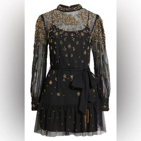 FARM RIO Black Embroidered Tulle Overlay Belted Long Sleeve Mini Dress,Small,398 - Picture 10 of 16